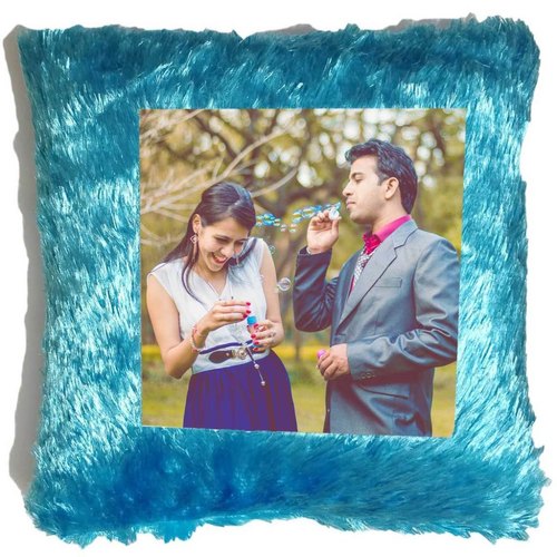 Fur Square Pillow Blue(16×16 inch) (With Filler and Zipper Bag)